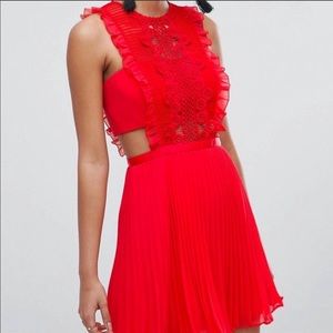 Lace pleated bright red dress